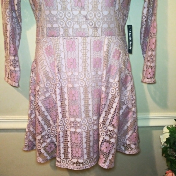 Modcloth Lavender Lace, Sexy Back Slit Fit & Flare Long Sleeved Mini Dress - Picture 3 of 15